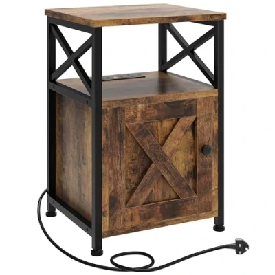 Image of YITAHOME Side Table, Bedside Table with Storage Cabinet, X Shaped End Charging Station, 2 USB Ports &amp; Power Outlets, Living Room Coffee for Room, Bedroom, Rustic Brown
