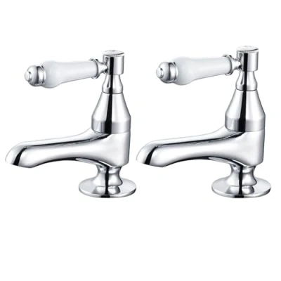 Image of Hapilife Bath Pillar Taps Pair Mixers Victorian Traditional Twin Bathroom Bathtub White Ceramic Lever Chrome 2 Holes Mono Hot and Cold Water G1/2’’