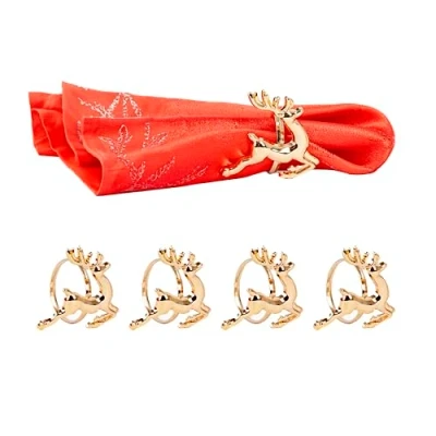Image of Marco Paul 4pc Christmas Napkin Rings Durable Metal Silver and Gold Stag Reindeer Decorations for table settings (Gold, 5 x 4 4cm)
