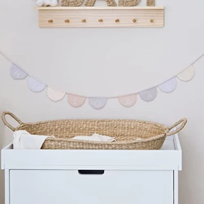 Image of Ginger Ray Hello Fabric Baby Bunting Nursery Decoration 1.6m, Cream, Brown