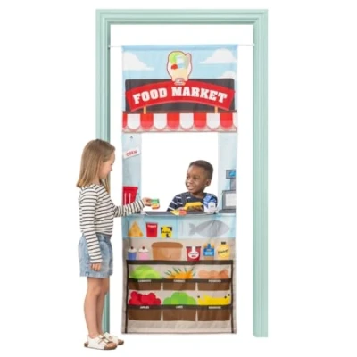 Image of Pop Up Play Town Hanging Doorway Food Market, Kids Role Toys with Curtain and Tension Rod for 3 7