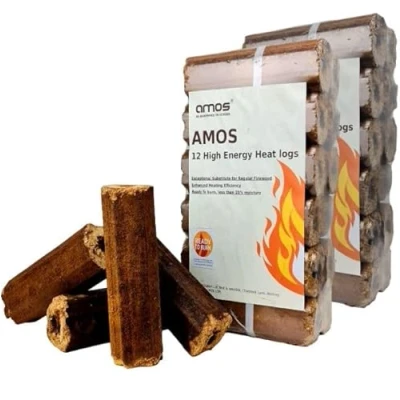 Image of AMOS Ultra Dry High Energy Heat Logs Eco Friendly Low Smoke Minimal Ash Sustainable Recycled Wood Fuel for Open Fires Burners Chimeneas 24