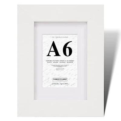 Image of Fabian Clarke London® A6 Modern White Wooden Picture Photo Frame with Mount Includes Glass Front Hang Portrait or Landscape