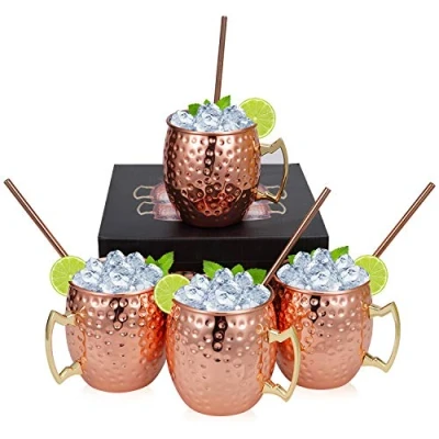 Image of Set of 4 Copper &amp; Stainless Steel Hammered Moscow Mule Mugs Drinking Cup with Straws, Great Dining Entertaining Bar Gift