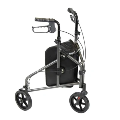 Image of NRS Healthcare 3 Wheel Aluminium Ultra Lightweight 4.5kg (9.9lbs) Rollator Walking Aid with Bag &amp; Lockable Brakes, Folding Height Adjustable Walker, Dark Silver
