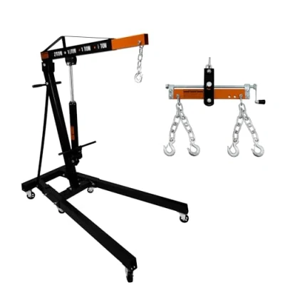 Image of Engine Crane 2 Tonne 2000kg &amp; Load Leveller Hoist 900kg Balancer Support Beam Dual Hooks Chain Hydraulic Pump Handle Folding Legs Lift Jack Stand Portable Workshop Garage 4 JIB Positions Automotive