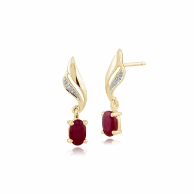 Image of Gemondo Women 375 Gold 9ct Yellow Oval Ruby &amp; Diamond Swirl Drop Earrings Red