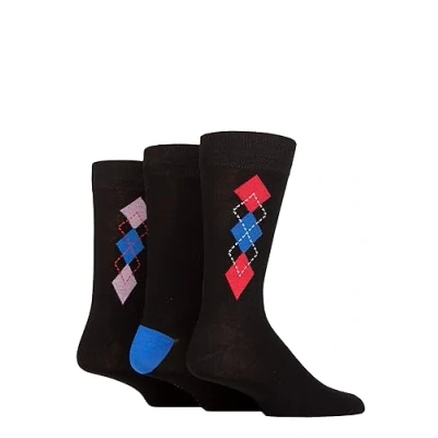 Image of Mens 3 Pair Glenmuir Patterned Bamboo Socks Argyle Black 7 11