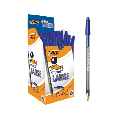 Image of BIC Cristal Large, Wide Point Ball Ballpoint Pens, Smooth Ink Flow, Lightly Smoked Barrel, in Blue, Pack of 50