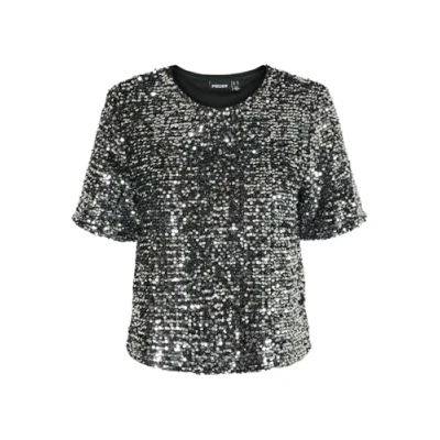 Image of PIECES Women&#039;s Pcserena Sequin SS O Neck Top Mm T Shirt, Black/Detail:Silver Sequince, Large