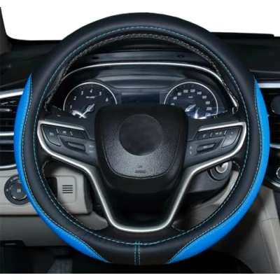 Image of Microfiber Leather Steering Wheel Cover Universal Size 37 38cm (Blue)