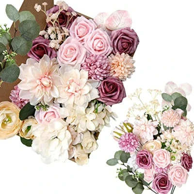 Image of OrgMemory Artificial Flowers, Foam Fake Combo Box Set, Flowers with Stems, for DIY Floral Arrangements Bouquets Wedding Party Home Baby Shower Decor (Champagne Dusty Pink)