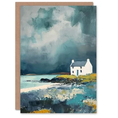 Image of Artery8 Classic Scottish Lochside Cottage Oil Painting Greeting Birthday Card Him Her All Blank