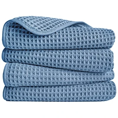 Image of POLYTE Microfibre Lint Free Hand Towel, 40 x 76 cm, 4 Pack (Blue, Waffle Weave)