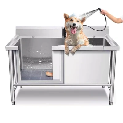 Image of Outside Dog Washing Station,Stainless Steel Pet Bath Tub, Grooming Cats Wash Shower Sink,Dog Station Left Door with Multifunctional Stool(120cm)
