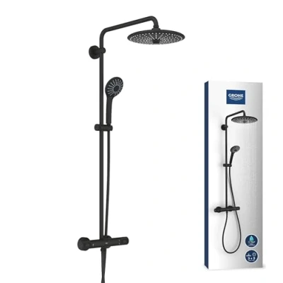 Image of GROHE Vitalio Joy 260 Shower System Anti Scald Thermostat with Aquadimmer Function (26cm Head 3 Sprays, 11cm Hand Water Saving, Safety Functions), Phantom Black, 26403KF2