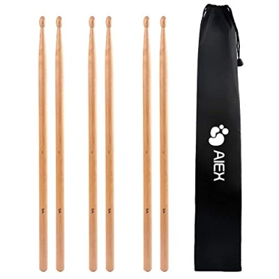 Image of 5A Drumsticks, AIEX 3 Pair Drum Sticks Classic Maple Wood Drumsticks Tip Drumstick for Students and Adults (with Waterproof Bag)