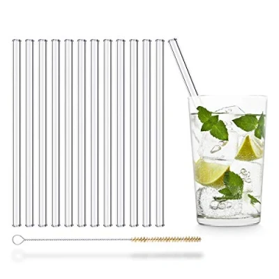 Image of Umi Glass Straws, 12x 8 Inch Reusable Drinking Straws Made in Germany, Plastic Free, Dishwasher Safe, Includes Cleaning Brush Ideal for Cocktail Glasses, Long Drinks, Smoothies, Juice