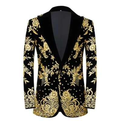 Image of PYJTRL Mens Stylish Court Prince Black Velvet Gold Embroidery Blazer Suit Jacket, Champaign Gold, L