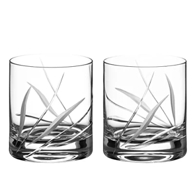 Image of DIAMANTE Whisky Glasses Crystal Short Drink Tumblers Pair with Meadow Design Set of 2