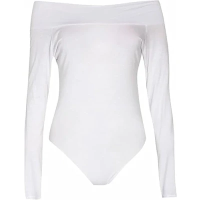 Image of Best Look Womens Off Shoulder Long Sleeve Plain Stretch Bardot Bodysuit Leotard Top (White, 12 14)
