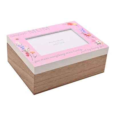 Image of Widdop Loveliest Mum Wooden Keepsake Box Pink I Love You Gift Mother&#039;s Day Present Memory With 4&quot; x 6&quot; Photo Aperture Thoughtful Birthday Christmas