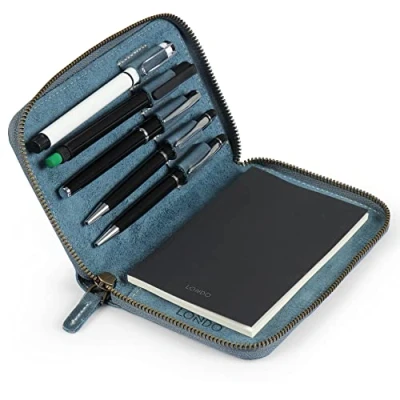 Image of LONDO Genuine Leather Padfolio with Pen Holder Notepad and Zip (Blue)