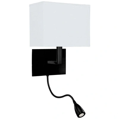 Image of Hotel Wall Light Matt Black, White Fabric Shade with Reading