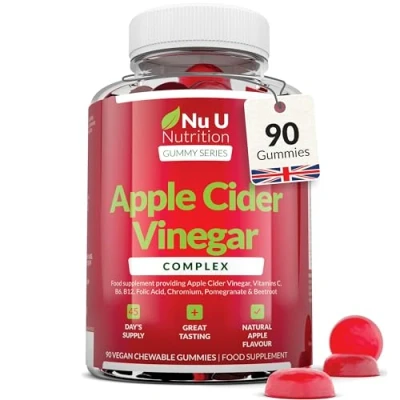 Image of Apple Cider Vinegar Gummies with The Mother 1000mg 90 Vegan ACV Vitamin C, B12, B6, Folic Acid, Pomegranate &amp; Beetroot Made in UK Nu U Nutrition