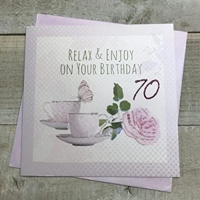 Image of 70th Birthday Card,Tea Cups &amp; Roses Handfinished by White Cotton Cards (G3 70)