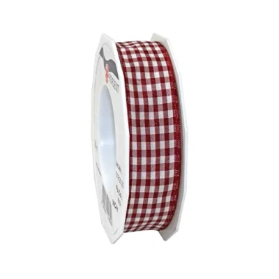 Image of Präsent Vichy Wired Ribbon Bordeaux Cream 25 mm Width, 20 m Length