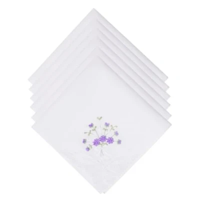 Image of AJMDGW Selected Hanky Women&#039;s Cotton Handkerchiefs Flower Embroidered with Lace, Ladies Hankies 6 Pcs(Purple Floral)