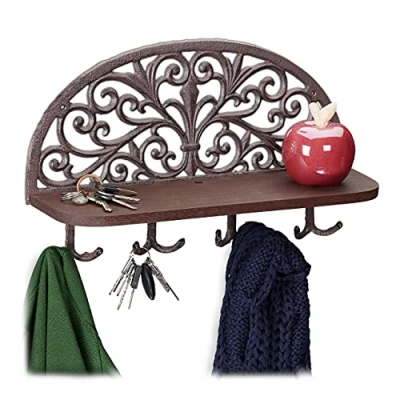 Image of Relaxdays Hallway Coat Rack with Shelf, Antique Design, 4 Double Hooks, Keys, Cast Iron, HWD: 23x39x11.5 cm, Brown, Wood, Pack of 1