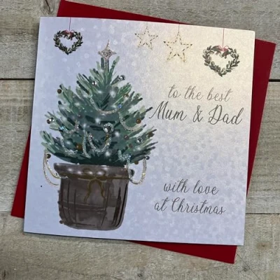 Image of WHITE COTTON CARDS BEST MUM &amp; DAD CHRISTMAS TREE CARD, HAND FINISHED (C23 63)