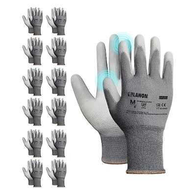 Image of LANON 12 Pairs Grey Safety Work Gloves, PU Coated, Multipurpose Working Gloves for Men, Seamless Knit, Power Grip, EN 388, L/9