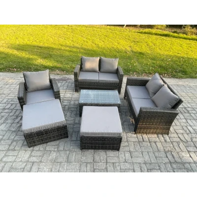Image of Outdoor Rattan Garden Furniture Set 7 Seater Patio Lounge Sofa with Coffee Table 2 Big Footstool Dark Grey Mixed Fimous