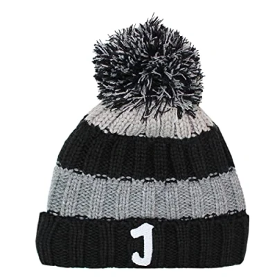 Image of TeddyTs Personalised Initial Striped Chunky Knitted Bobble Hat with Large Pom Black, One Size