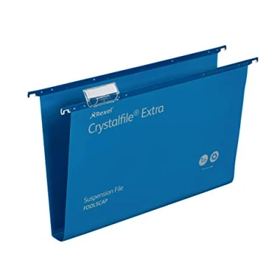 Image of Rexel Foolscap Heavy Duty Suspension Files with Tabs and Inserts for Filing Cabinets, 30 mm base, Polypropylene, Blue, Crystalfile Extra, Pack of 25, 70633