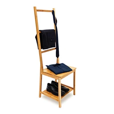Image of Relaxdays Bamboo Clothes Valet Chair 133 x 40 42 cm with 2 Shelves Wooden Stand 3 Rails, Ideal For Moist Rooms, Clothing Organiser Towel Holder Rack Stand, Natural