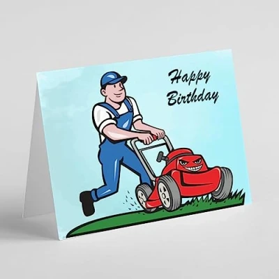 Image of Beebooh cards male cutting grass with lawn mower birthday card