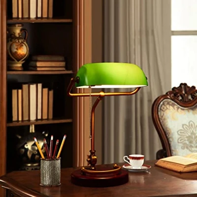 Image of Traditional Banker Lamp Green with Pull Switch, Retro Desk Bankers Lamp, Brass Finish, Nostalgic Glass Shade and Wooden Base, E27 Bedside Adjustable Office