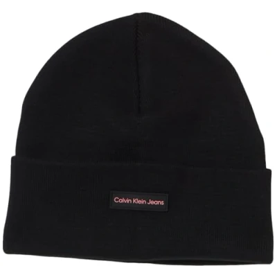Image of Calvin Klein Jeans Patch Beanie Beanie, Women&#039;s, Size: One Size, Black/dusty rose