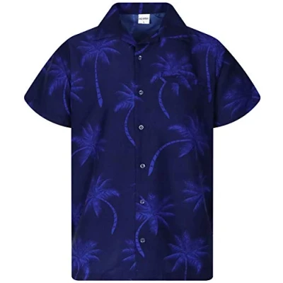 Image of King Kameha Men&#039;s Shirt Short Sleeve Casual Button Down Hawaii Vacation, Palm Shadow, Navy Blue, L