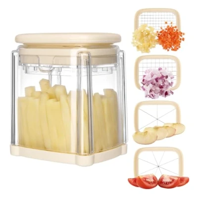 Image of Navaris Potato Chipper Compact Vegetable Cutter Box with 4 Interchangeable Metal Blades Chip Maker &amp; Slicer Ideal for French Fries, Chips Fruit Dishwasher Suitable Cream
