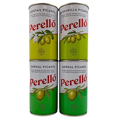 Image of Perello Olives Variety Pack 4 x 350g Gross (150g Net) Spanish Gordal Picante Green Olives, Manzanilla and Cocktail Olives. Securely Boxed