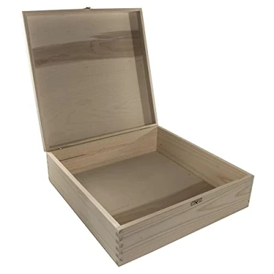 Image of Large Square Wooden Box 36 x 10.5 cm Lid &amp; Clasp Keepsake Gift Storage Case Unpainted Decorative Pine