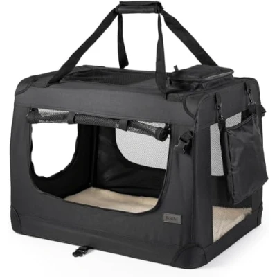 Image of lionto dog transport box foldable for travel &amp; car, 101x69x70 cm, sturdy with carrying handles blanket cats dogs up to 25 kg, fabric small large, black