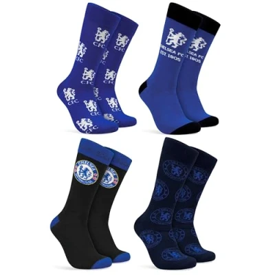 Image of Chelsea F.C. Boys Socks, 4 Pack Breathable Socks Supporters&#039; Gear Gifts for (Navy/Black, 4/6.5 UK)