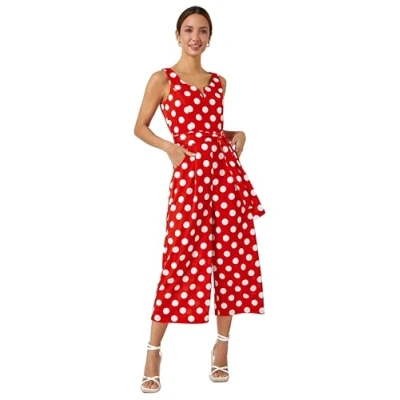 Image of Roman Originals Spot Print Belted Jumpsuit for Women UK Ladies Everyday Holiday Spring Summer Round Neckline Comfy Soft Evening Vacation Work Party Red Size 18