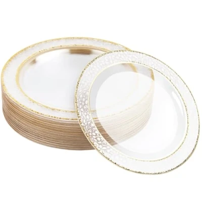 Image of MATANA 20 Premium Clear Hard Plastic Dinner Plates with Hammered Gold Rim, 26cm / 10 Inch Elegant &amp; Reusable Party for Weddings, Birthdays, Picnic, BBQ, Parties